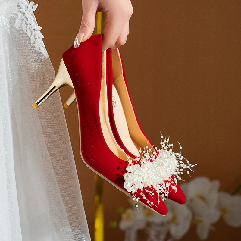 

Женские свадебные туфли с острым носком, однотонные туфли на высоком каблуке с кристаллами и жемчугом, Размеры 35-43