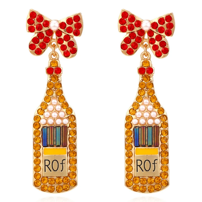 

Lovely Pearl Colored Rhinestone Bow Wine Bottle Earrings for Woman Party Jewelry