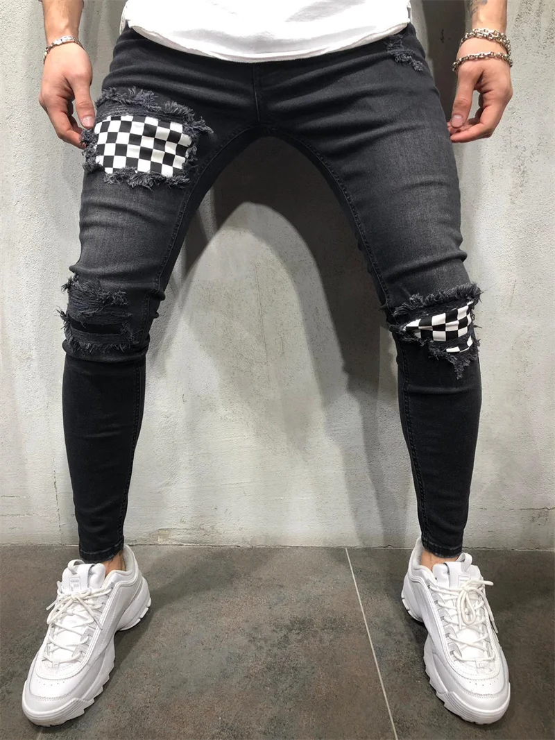 Fashion Black White Plaid Splicing Cloth Jeans Youth Men Casual Checkerboard Print Broken Holes  Four Seasons Pencil Denim Pants