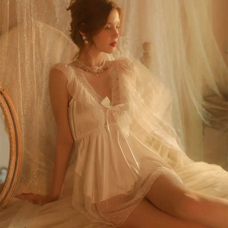 New night clothes perspective lace ice silk nightdress short skirt deep V temptation sexy pajamas suit