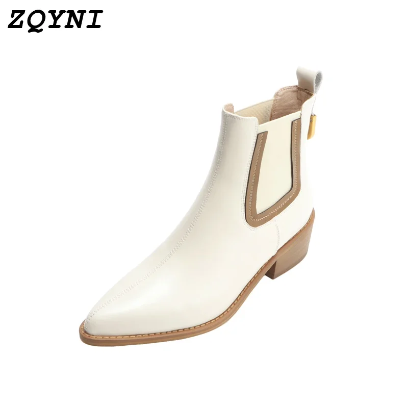 

ZQYNI winter new pointed shoes women's fashion leather ankle boots simple design prom boots black drink beige