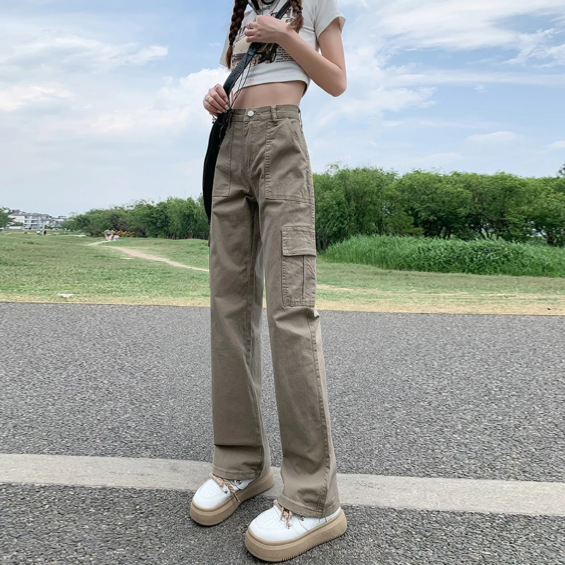 Workwear jeans women's summer trousers khaki new 2023 American style high waist loose casual straight wide leg mopping pants