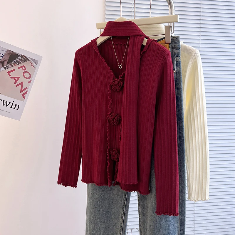 Мягкие клейкие пуловеры с v-образным вырезом женские топы объемными цветами и