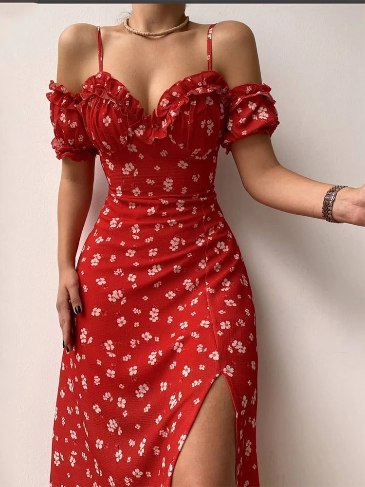 

Short Sleeve Chic and Elegant Midi Dress for Women Backless Split Printed fashion long Corset Off Shoulder Dresses Female 2022