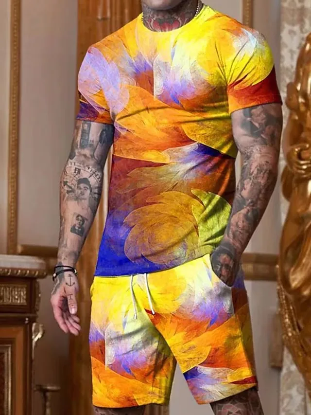 

T-Shirt Suits 3D Print Clothes for Men Fashion Color Design Round Neck Outdoor Street Short Sleeve Clothing Apparel 2pcs Basic