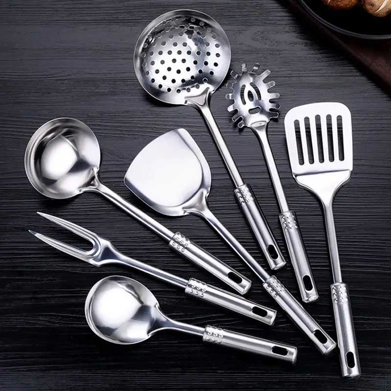 

7 Piece Set Stainless Steel Hollow Handle Kitchenware Frying Spatula Pasta Spoon Colander Kitchen Cooking Utensils Household