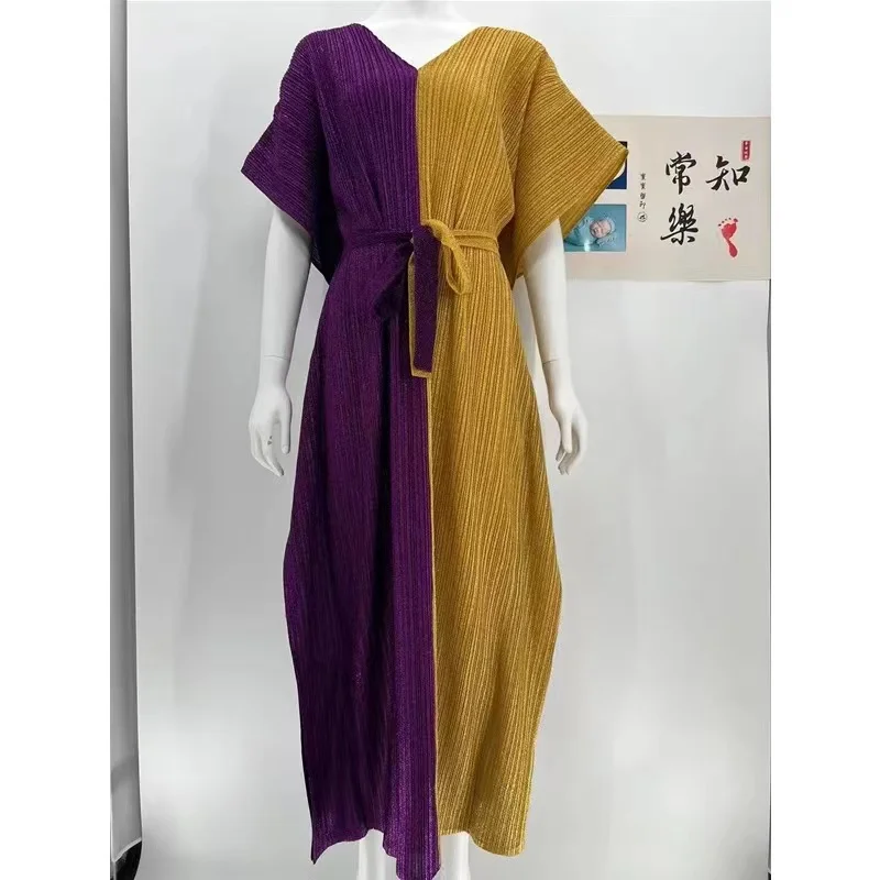 Плиссированная длинная юбка миаке Флуоресцентный цвет v-образный вырез рукава