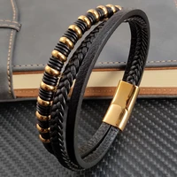 trendy multi layer leather stainless steel golden luxury mens leather bracelet classic 2022 accessories for new years gift