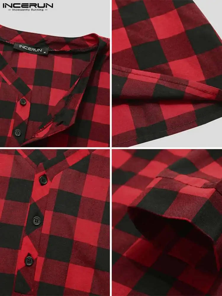 INCERUN New Men Sleep Robes Long Sleeve V Neck Plaid Nightgowns Man Button Loose Breathable Sleepwear Causal Long Bathrobes 2023