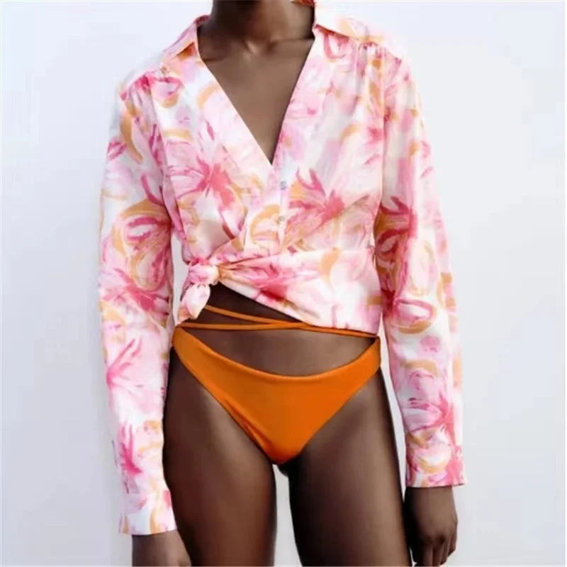 

Женская хлопковая рубашка с длинным рукавом ZA, повседневный Свободный Топ с тропическим принтом, весна-лето