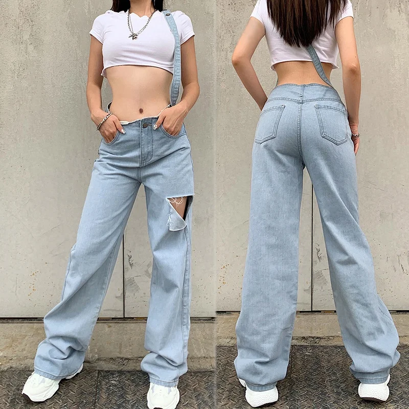 

Women Pants High Waist Trousers Summer Hollow Out Straight Pants Casual Fashion Cross Bandage Jeans