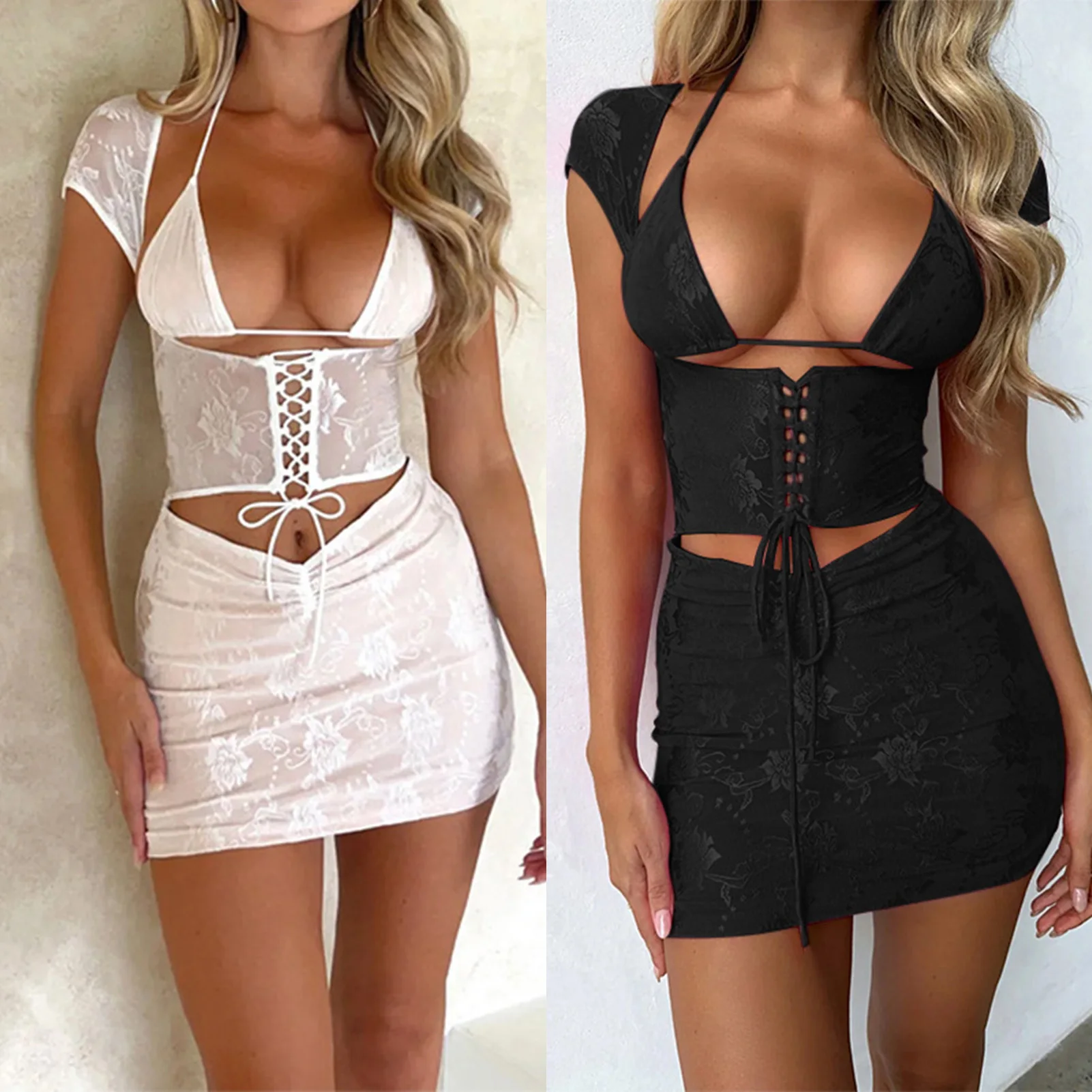

Women Bra Wrap Hip Skirt Set Lace Waist Y2K Bra Sexy Skirt Sets Fashionable Short Sleeved Bandage Elegant Female 3pcs Set 2023