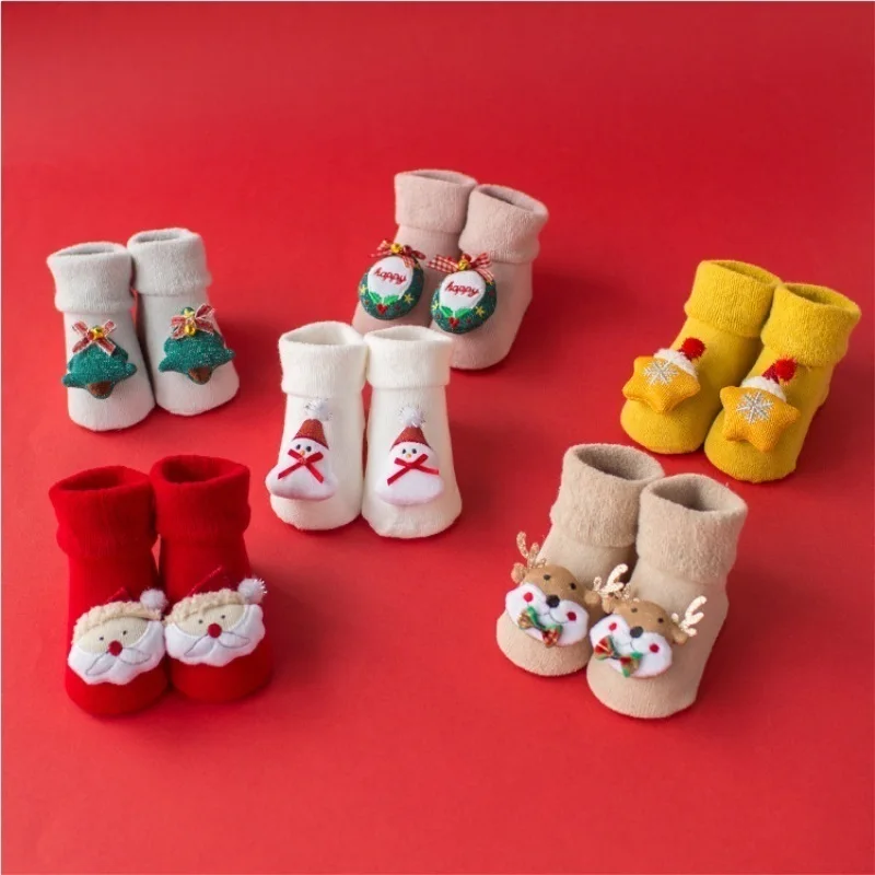

Christmas Newborn socks Autumn and winter Terry thickened warm cartoon baby red socks Infant antiskid toddler floor sock 2023