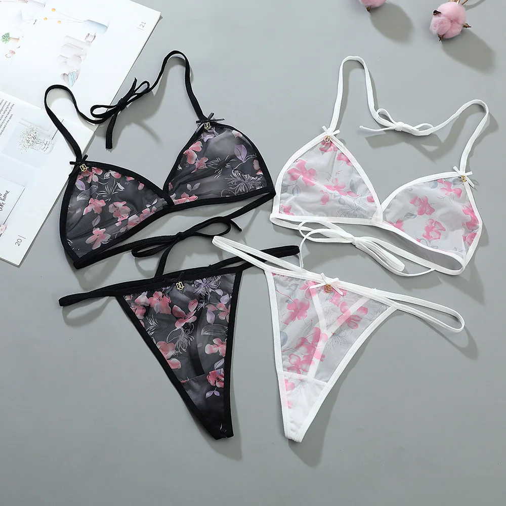 

Women Sexy Lingerie Set Flower Bra Thong 2 Pieces Soft Mesh See-through Strap Transparente Underwear Body Suit Bikini Bra Set