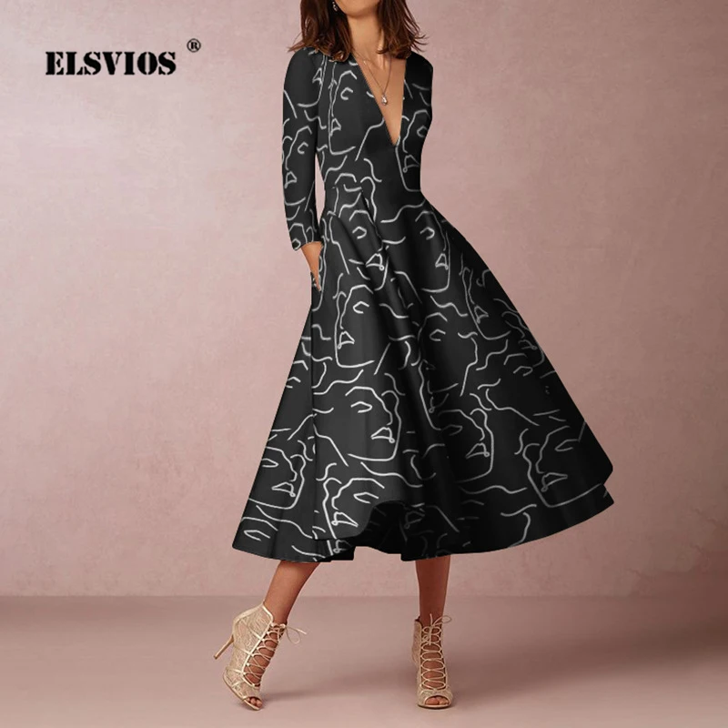 

Spring Autumn Women's Commuting Dress Fashion Long Sleeves V Neck Printed New Dresses Ladies Elegant High Street Party Vestidos