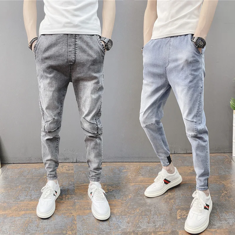

New 2022 Korean Fashion Men Elastic Waist Denim Jeans Men Stretch Casual Trousers Slim Leg Teenagers Pencil Pants For Men