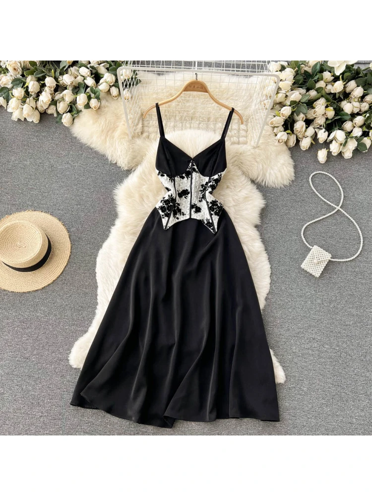 

Lace Stitching Black Suspender Skirt Summer New Court Style Waist Design Long Evening Dress Sleeveless Sexy Frocks For Women