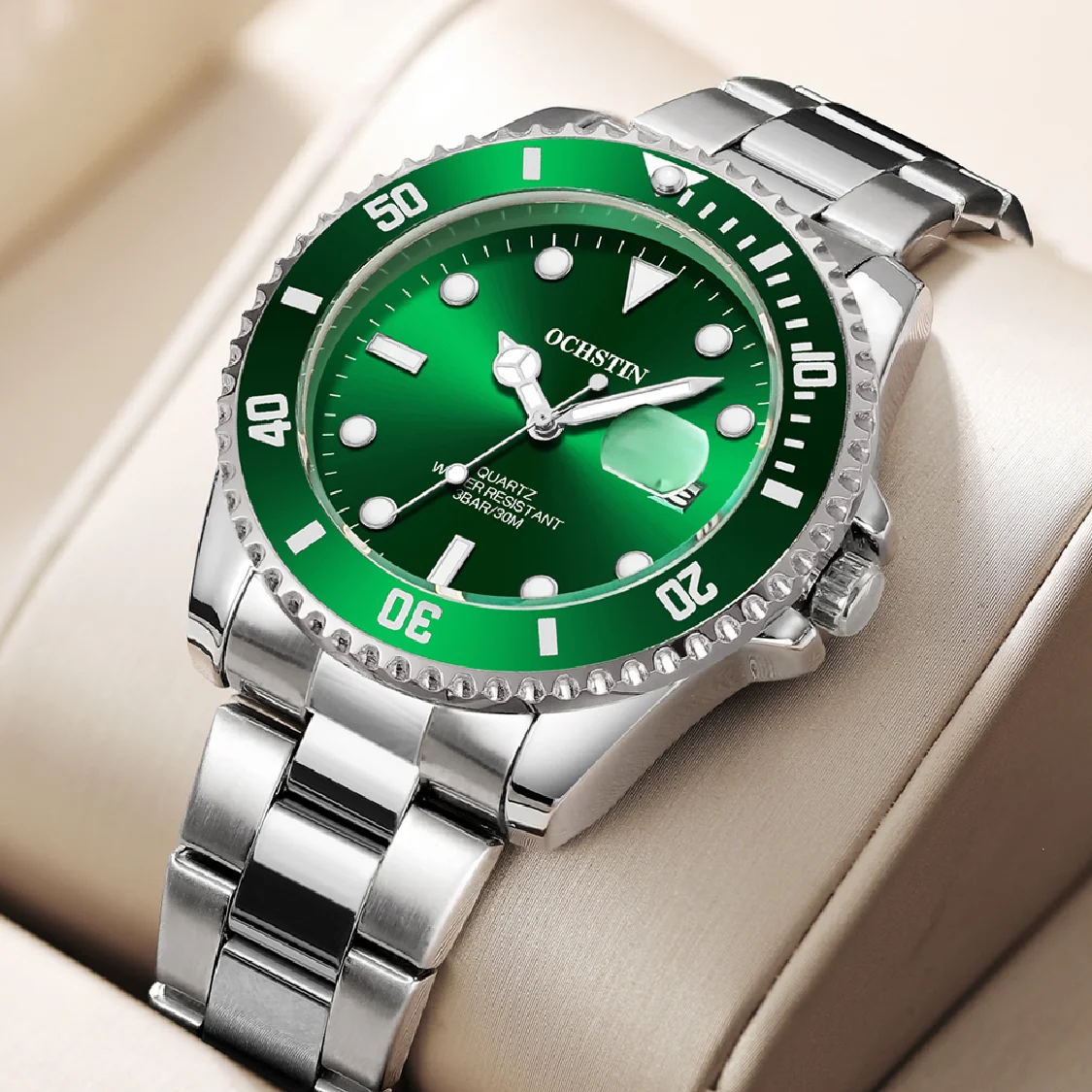 

OCHSTIN Watches Mens Top Brand Luxury Casual Stainless Steel Green Sport Wristwatch Waterproof Luminous Quartz Classic Clock