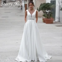 modern a line tank sleeves wedding dresses v neck satin wedding gown button backless dresses for bride 2022 vestido de novia
