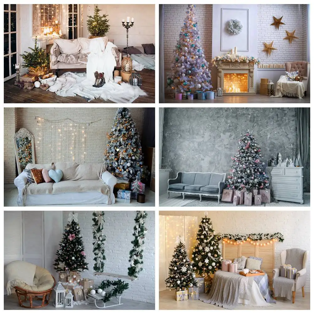 

Home Christmas Decoration Living Room Photography Backdrop Grunge Sofa Chair Marble Wall Star Lights Gift Party Photo Background