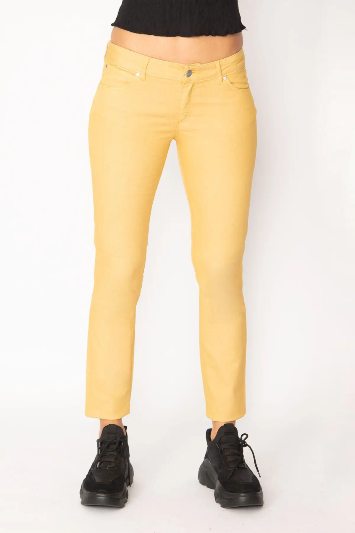 

Women's Jean Women Mustard Pocket Full Length Straight Pant Streetwear Female Buttons Zipper Ladies