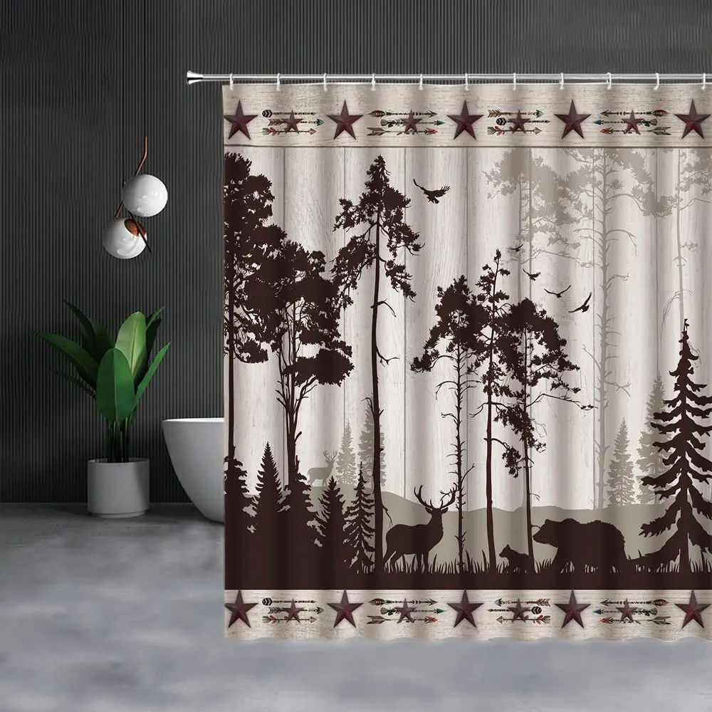

Rustic Shower Curtain Bear Deer Farmhouse Forest Animal Wildlife Cabin Woodland Country Wooden Bathroom Curtains with Hooks