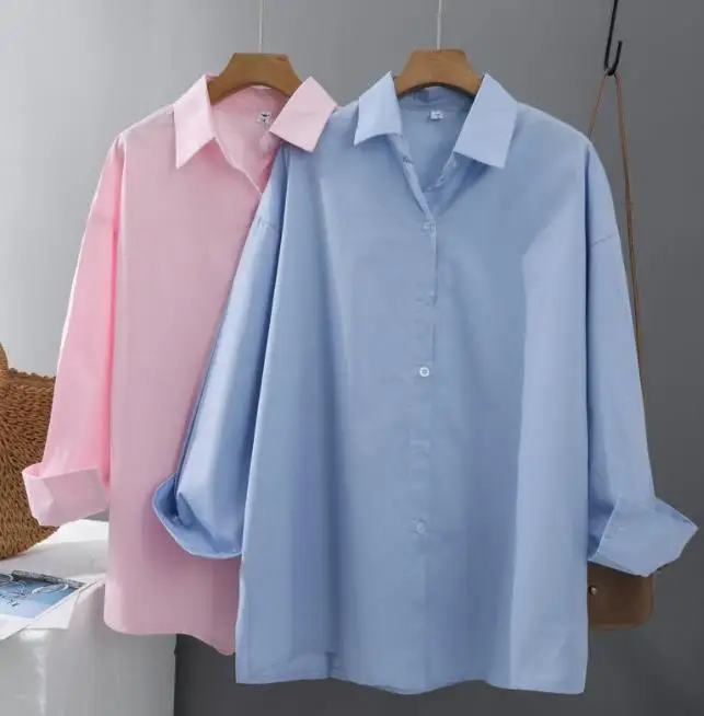 

Women's Solid Color Blouses Office Ladies Loose Tops Summer Long Sleeve Korean Fashion Button Up Shirts New Street wear Famale