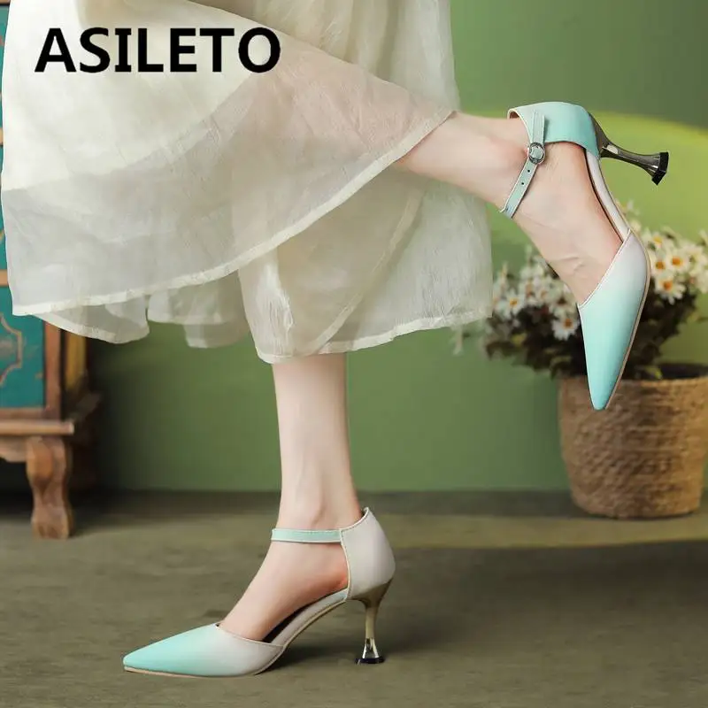 

ASILETO Gradient Ramp Design Women Pumps Pointed Toe Thin Heels 7.5cm Buckle Strap Plus Size 41 42 43 Sexy Dating Female Shoes