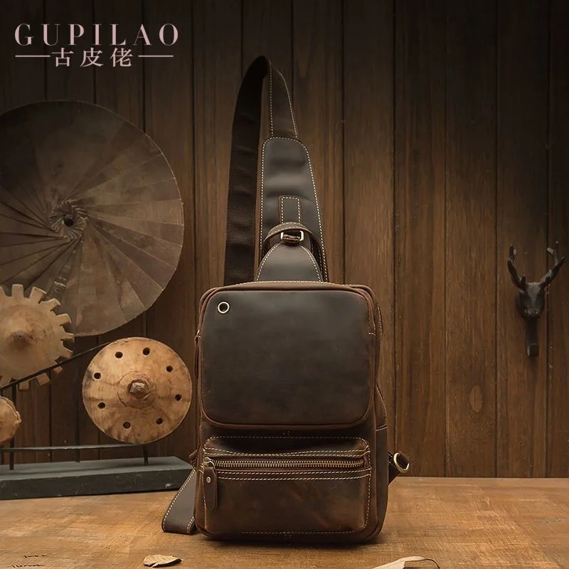 

Handmade 100% genuine Vintage Cowhide Men's Crossbody Crazy Horse Leather Fashion Brand Chest Shoulder Bag