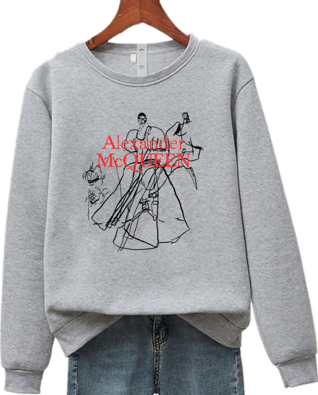McQueen New Unisex Hand Painted Letter Printed Long Sleeve Crew Neck Pullover Casual Sweatshirts