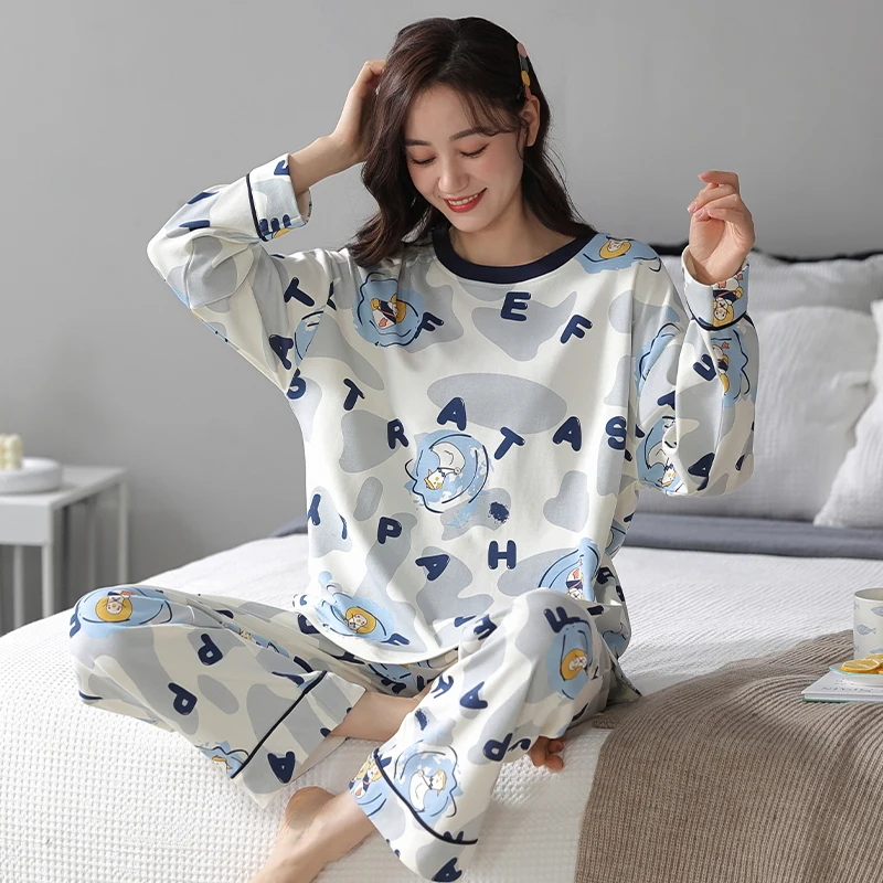 CAIYIER Smile Print Ladies Pajamas Set Autumn Winter Soft Simple Sleepwear O-Neck Cute Cartoon Girls Loungewear Women Homewear
