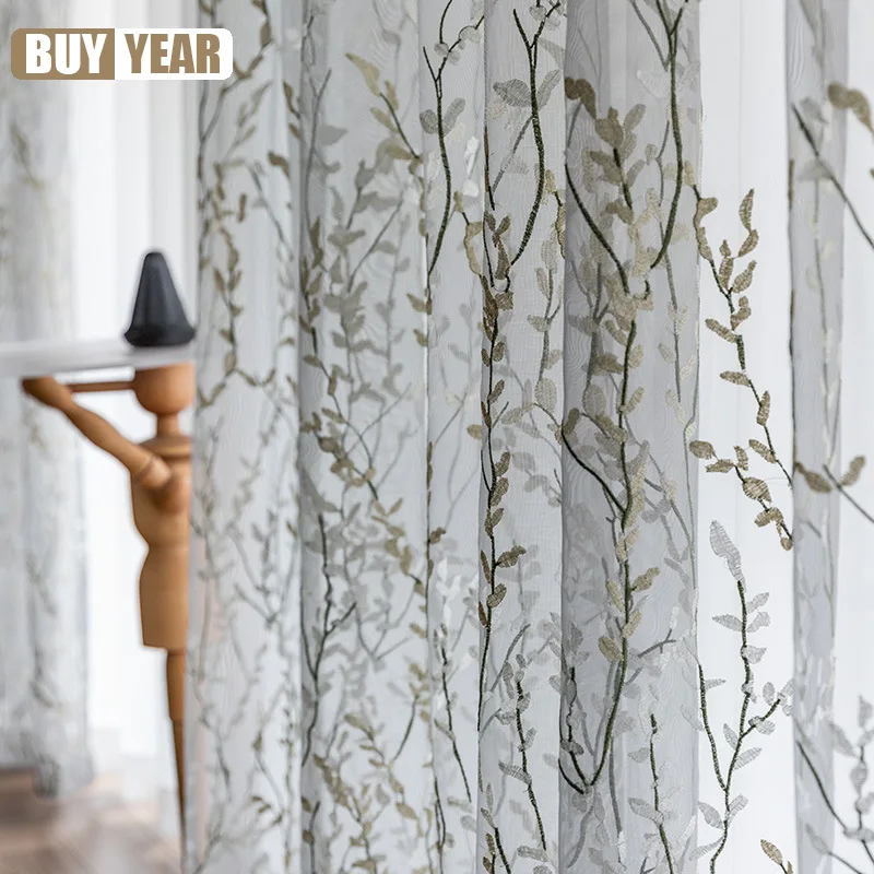 Оконные шторы с вышивкой в виде листьев для спальни пасторальные тюлевые