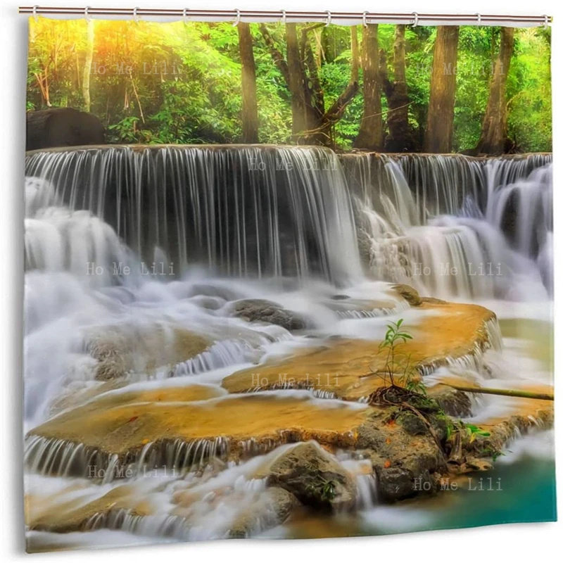 

Waterfall With Exotic Tropical Vegetation Green Tree Retro Tour Bus Sand Beach Shower Curtain Funny Fabric Bathroom Decoration