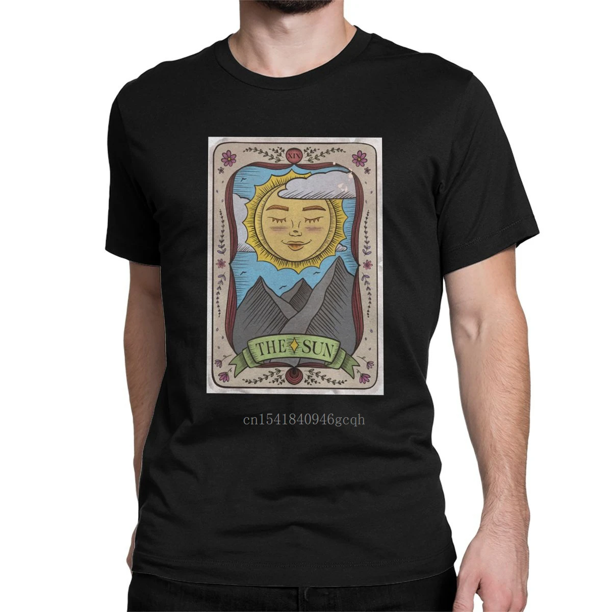 

The Sun Tarot Card Hand Drawn T-Shirt Men Fortune Telling Cool 100% Cotton Tees Round Neck Short Sleeve T Shirts Summer Clothing