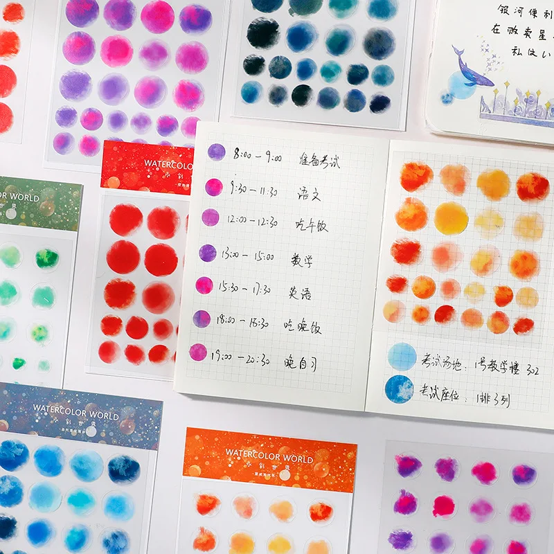 

2Pcs Watercolor Ink Dots Ins Style Label Stickers Notebook Journal Scrapbook Planner Kawaii Decorative Stationery Sticker