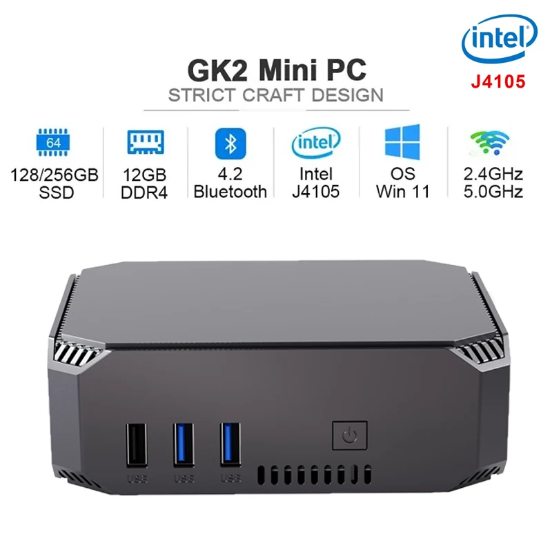 GK2 Mini PC Windows 11 CPU Intel Celeron J4105 Quad-Core DDR4 12GB 128GB/256GB/512GB SSD Internet Computer Desktop Gamer VS GK3V