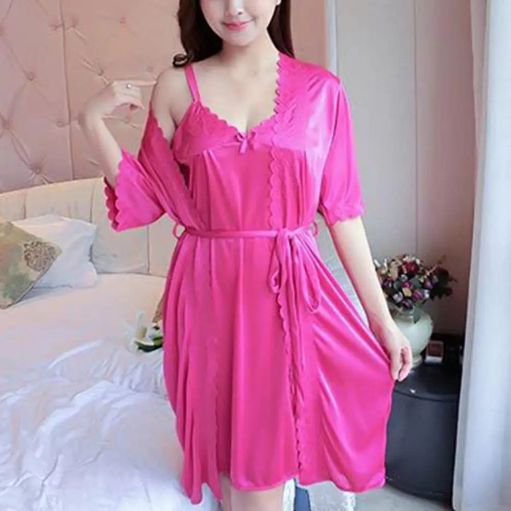 Ночная рубашка из двух предметов Пижама с V-образным вырезом цветочный край бант