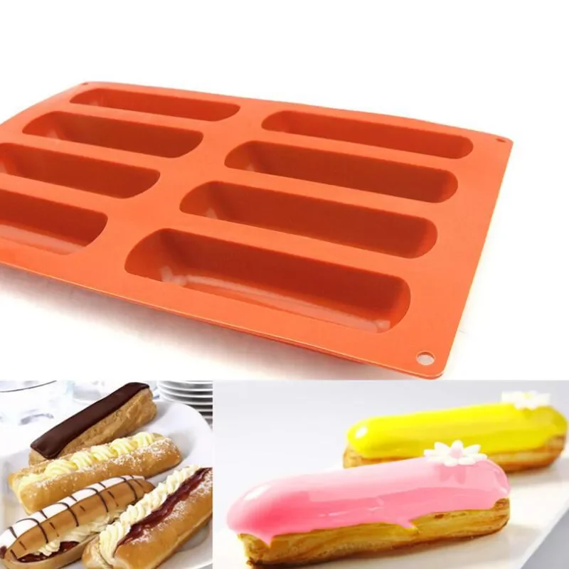 

NEW2023 8 Cavity Cake Tools Silicone Classic Collection Shapes Finger Orange Non Stick Eclair 8 Forms Silicone Baking Mold
