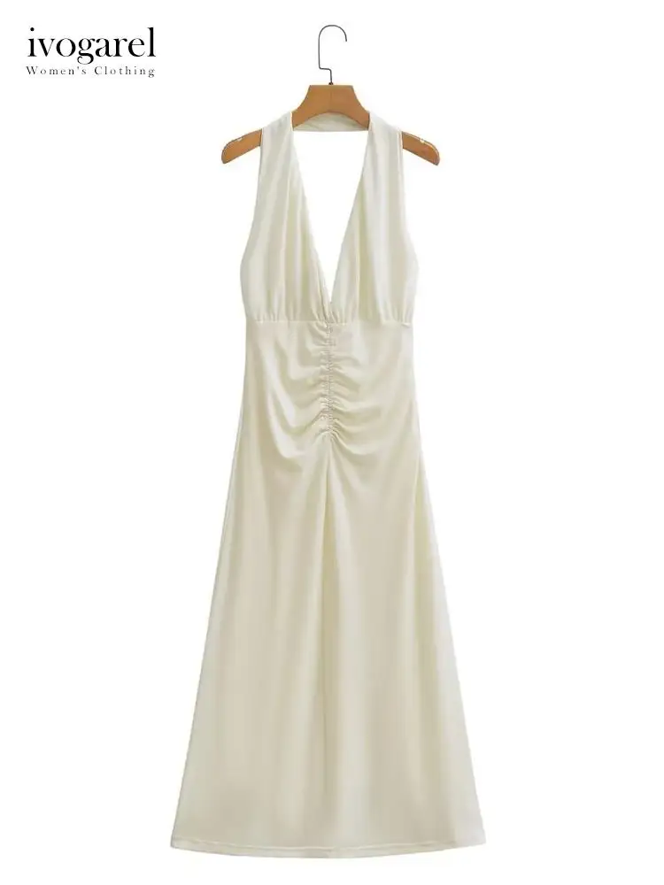 

Ivogarel Draped Midi Dress Elegant and Pretty Women's Knit Dress for Formal Occasion Halter Neckline Plunging V-Neck
