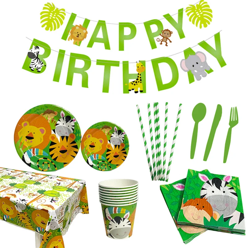 

Jungle Safari Birthday Party Disposable Tableware Sets Cartoon Forest Animal Baby Shower Boy Girl Birthday Party Supplies Favors