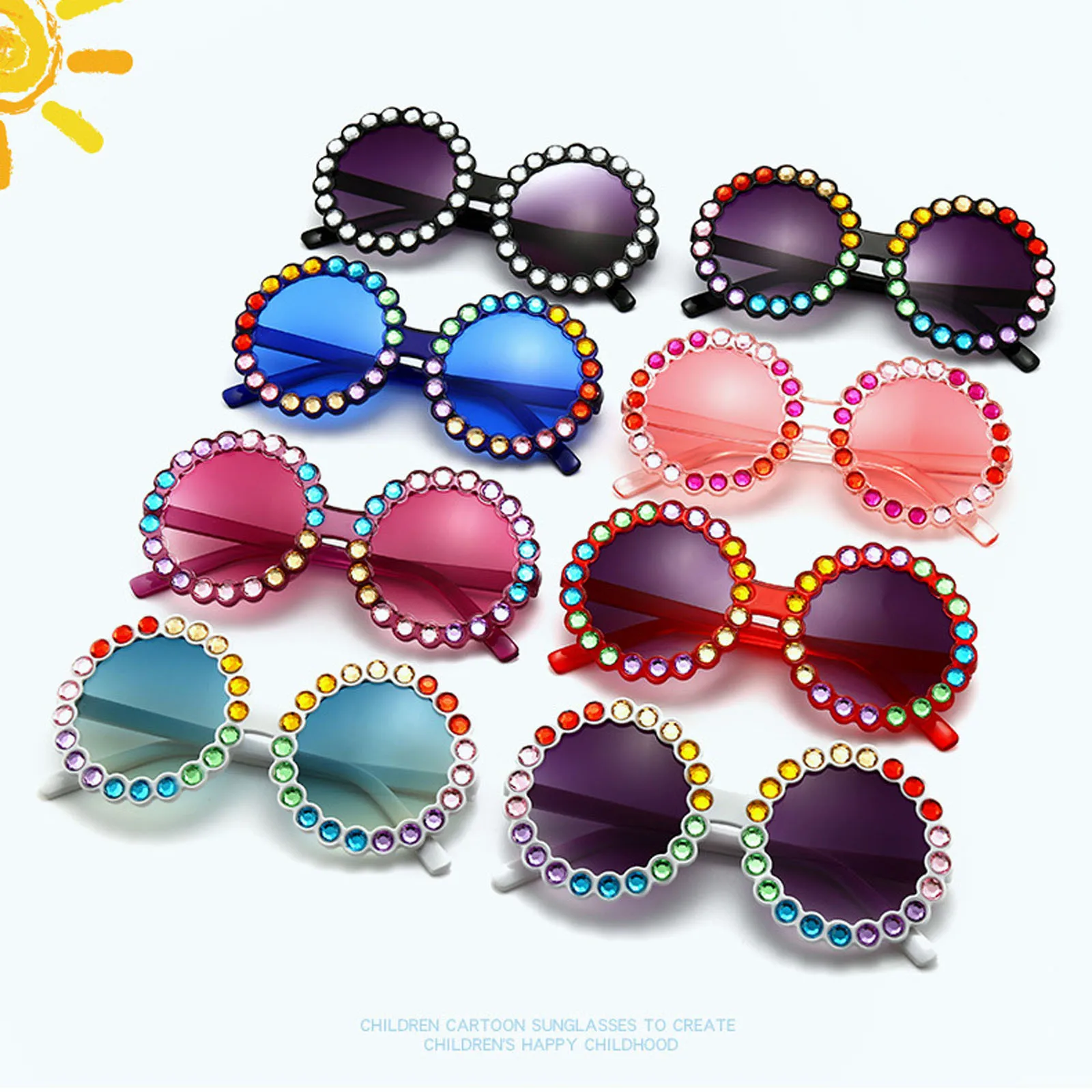 

1-6Y Kids Cute Sunglasses Floral Diamonds Round Frame Eye Protect Funny Sunglasses Photo Party Girls Props