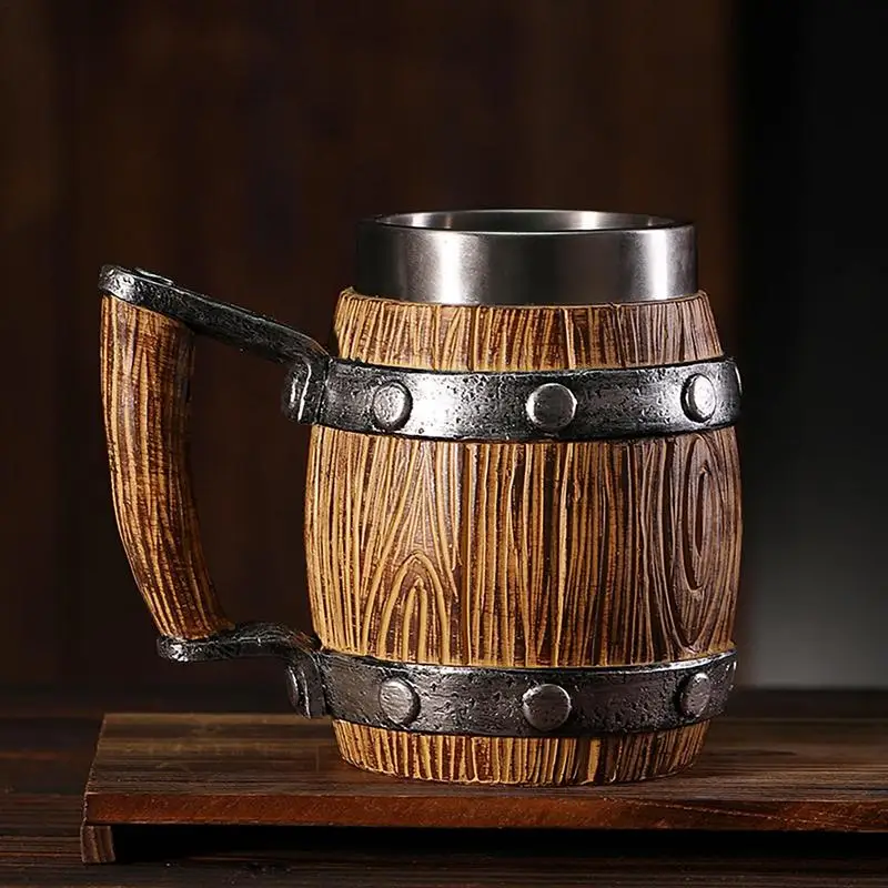 

1PC Barrel Beer Mug Home 600ml Resin Stainless Steel Beer Cup House Wooden Barrel Shape Mug For Cocoa Cocktail Whisky Coffee