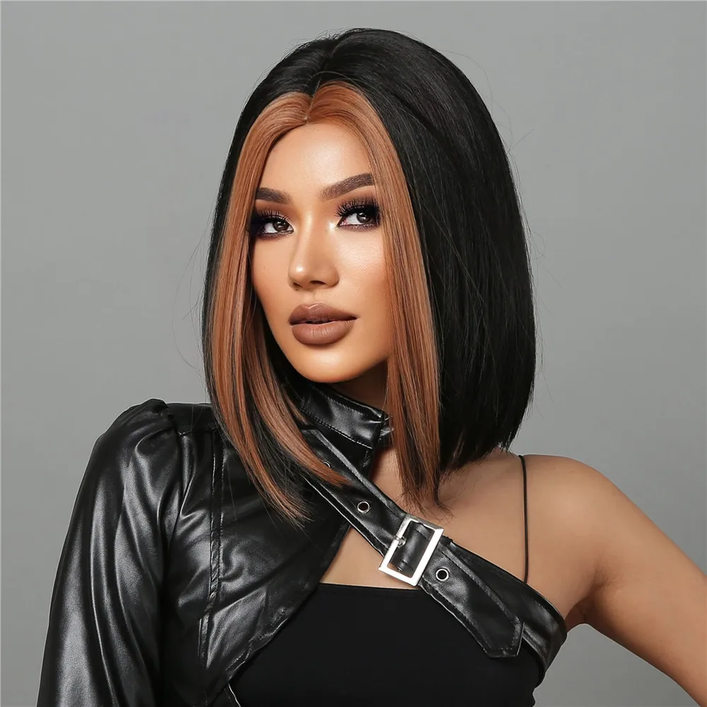 Black Dark Brown Synthetic Bob Wig Shoulder Length Golden Highlight Wigs for Women Afro Middle Part Wig Heat Resistant Fake Hair