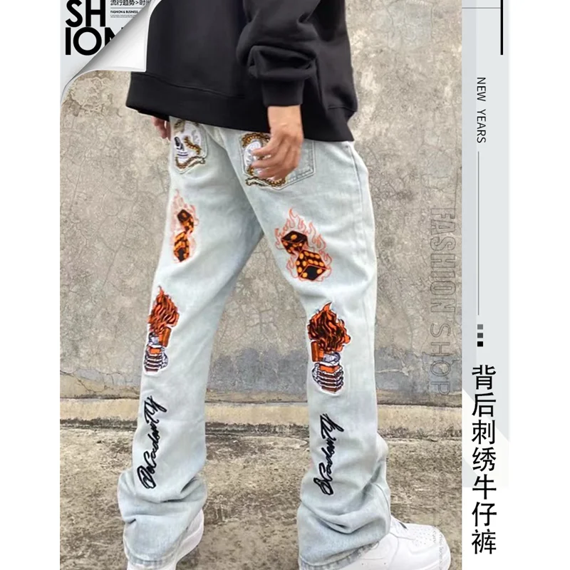 Streetwear Men High Street Hip-hop Back Embroidered Jeans 2022 New Style Versatile Elastic Pencil Pants Autumn and Winter Women