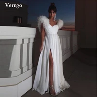 verngo white a line chiffon prom dresses with feathers shoulder sweetheart pleats floor length bride gown formal evening dress