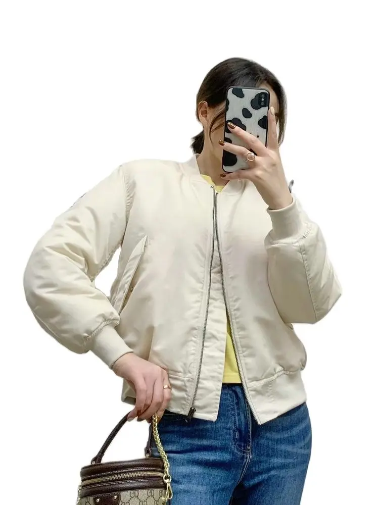 

2023 Women Vintage Cropped Oversize Flight Bomber Jackets Female Korean Casual Beige Big Pocket Zipper Short Streetwear Coats