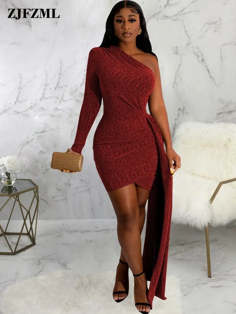 

One Shoulder Elegant Fashion Fitness Mini Dress Women Single Long Sleeve Evening Dresses Grogeous Ribbon Patchwork Pencil Dress