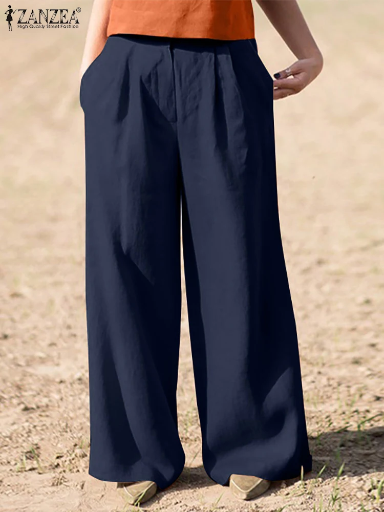 

ZANZEA Fashion Women High Waist Solid Long Trousers Wide Leg Pants Autumn Loose Pantalon Female Casual Cotton Palazzo Oversize