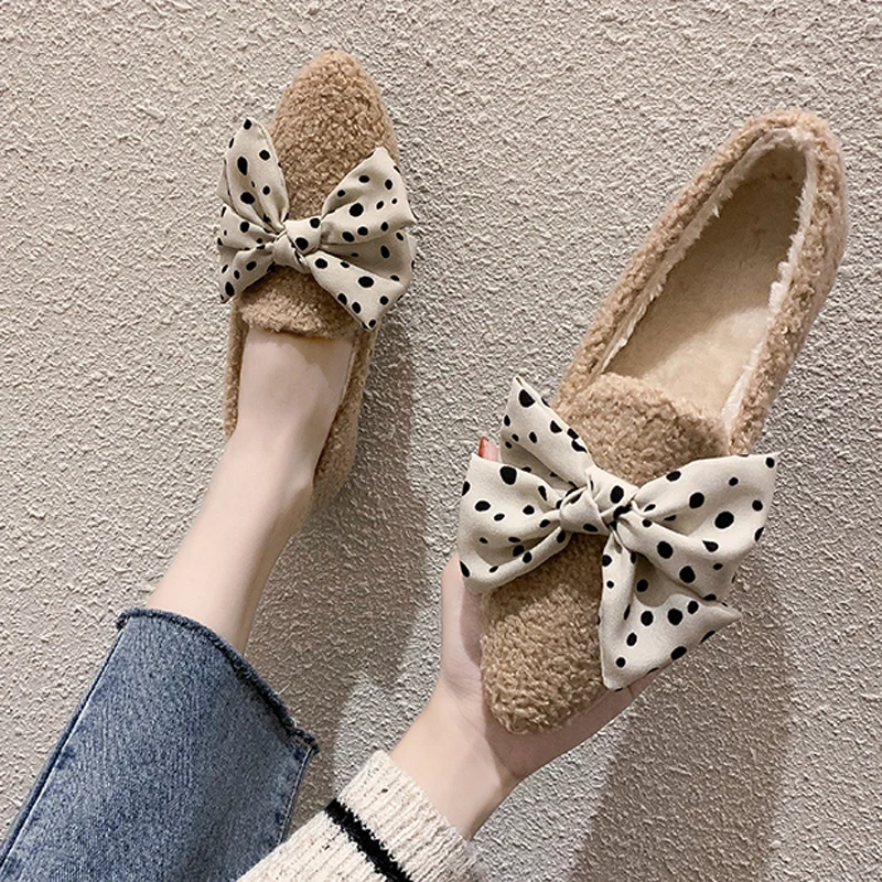 Women Winter Curly Sheep Loafers Plush Cotton Shoes Casual Fuzzy Designer Luxury Lambswool Bowknot Mocasines Flat Shoes