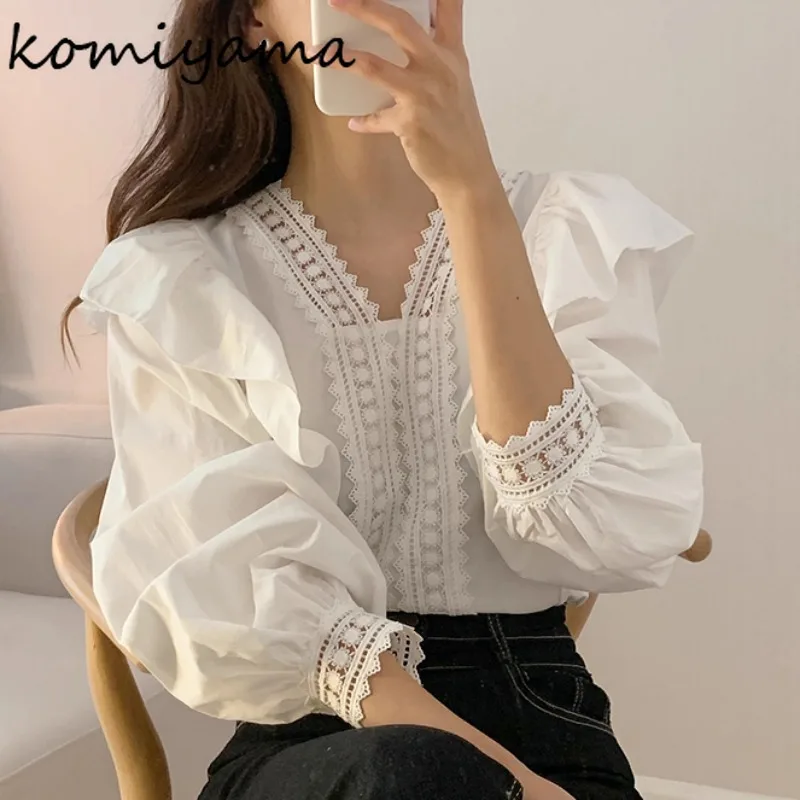 Блузка женская кружевная с V-образным вырезом и длинным рукавом